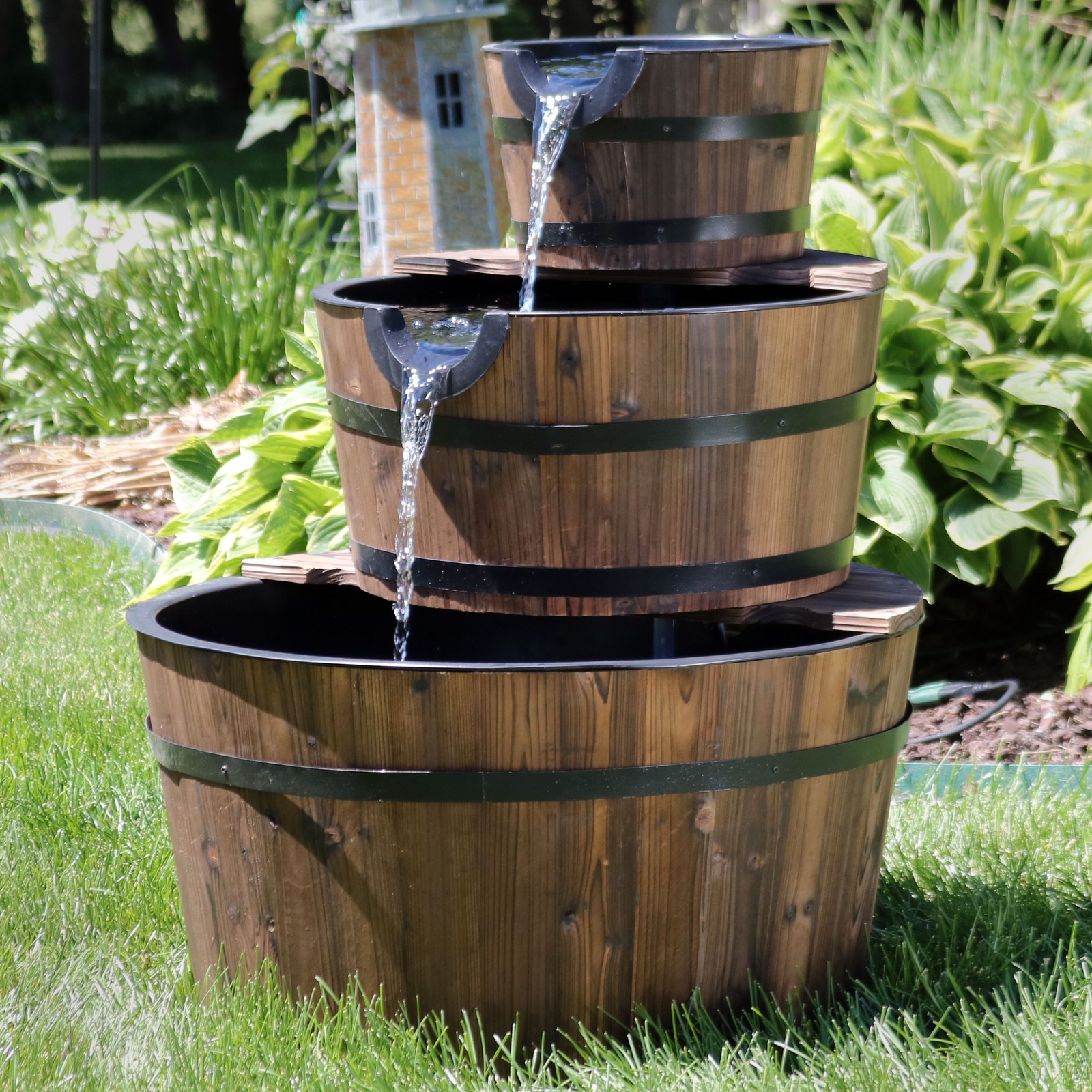 Rustic 3-Tier Wooden Fir Barrel-Style Water Fountain - 30 in by Sunnydaze