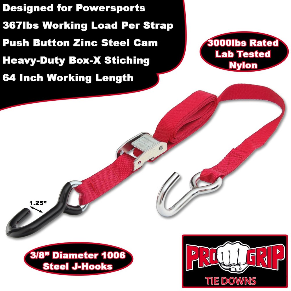 Progrip Powersports Motorcycle Tie Down Straps Lab Tested (4 Pack) Red