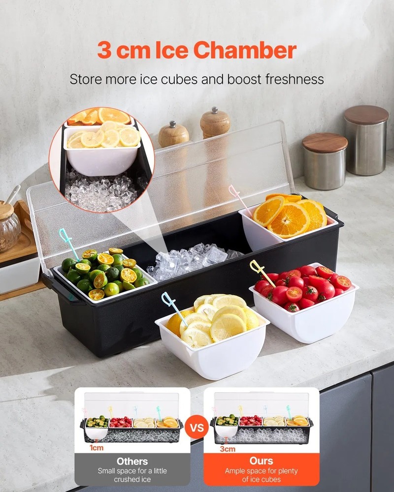 Chilled Condiment Server, 4 Compartment Ice Cooled Condiment Serving Container