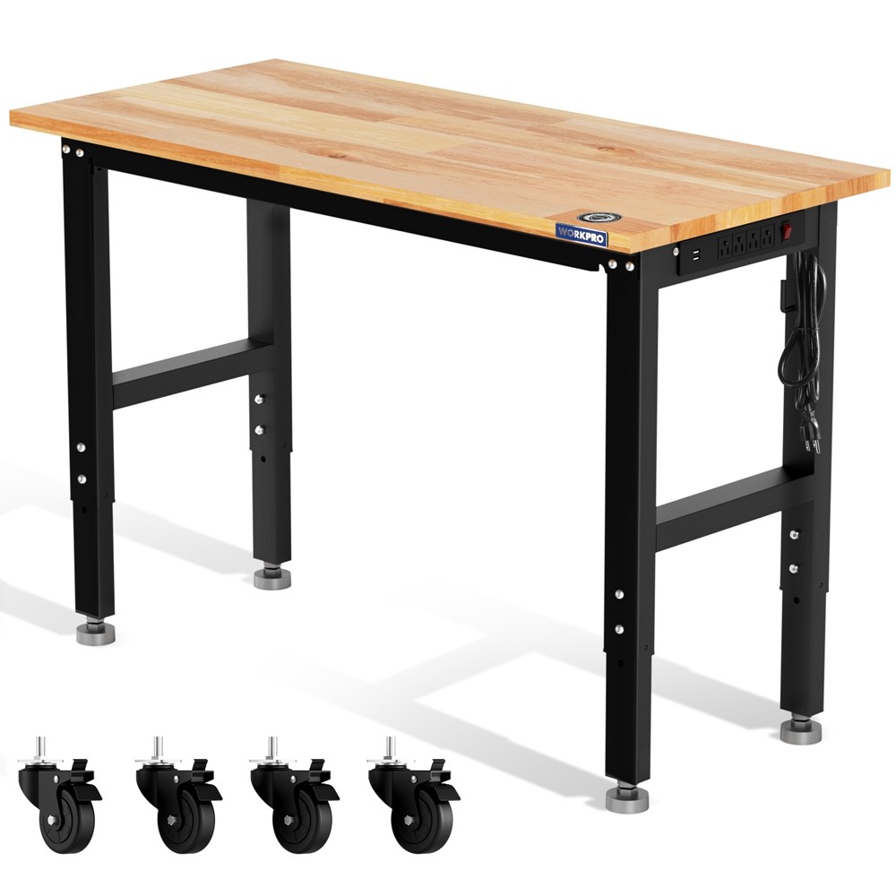 WORKPRO Adjustable Height Workbench 48"X22" Work Table With Wheels Leveling Foot
