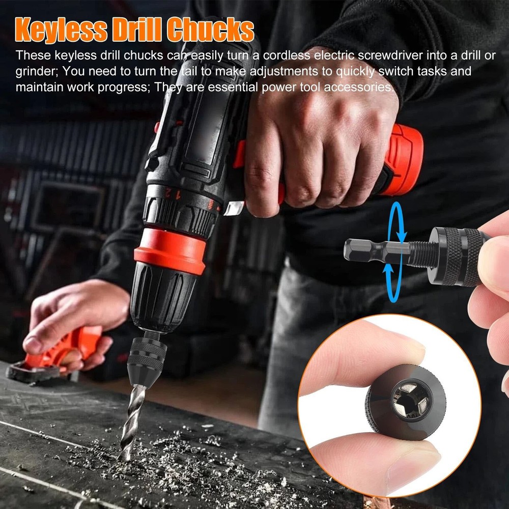 2x Keyless Drill Chuck Adapter 1/4" Hex Shank For Power Screwdriver Quick Change