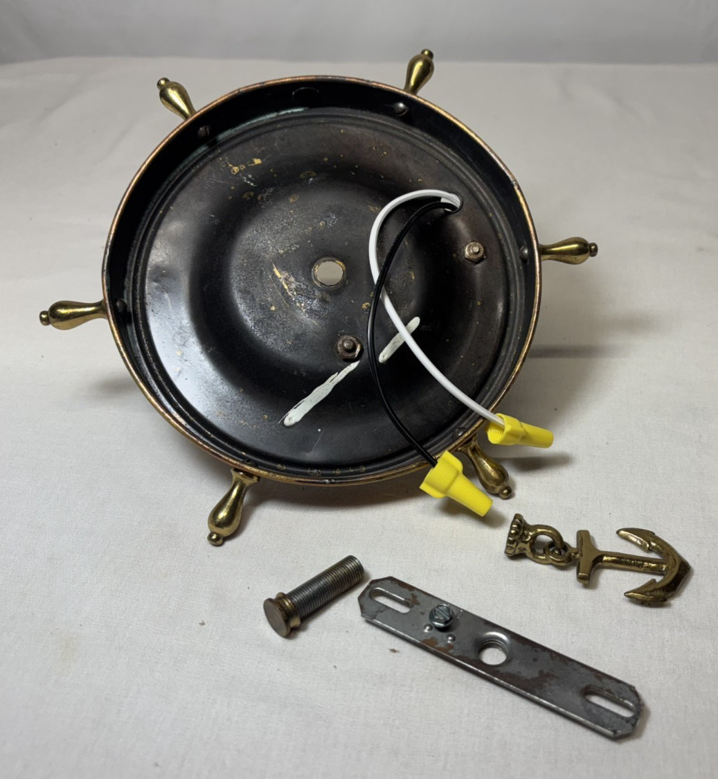 Vtg Nautical Light Fixture MCM Brass Anchor Closet Custard Art Glass Shade #L60