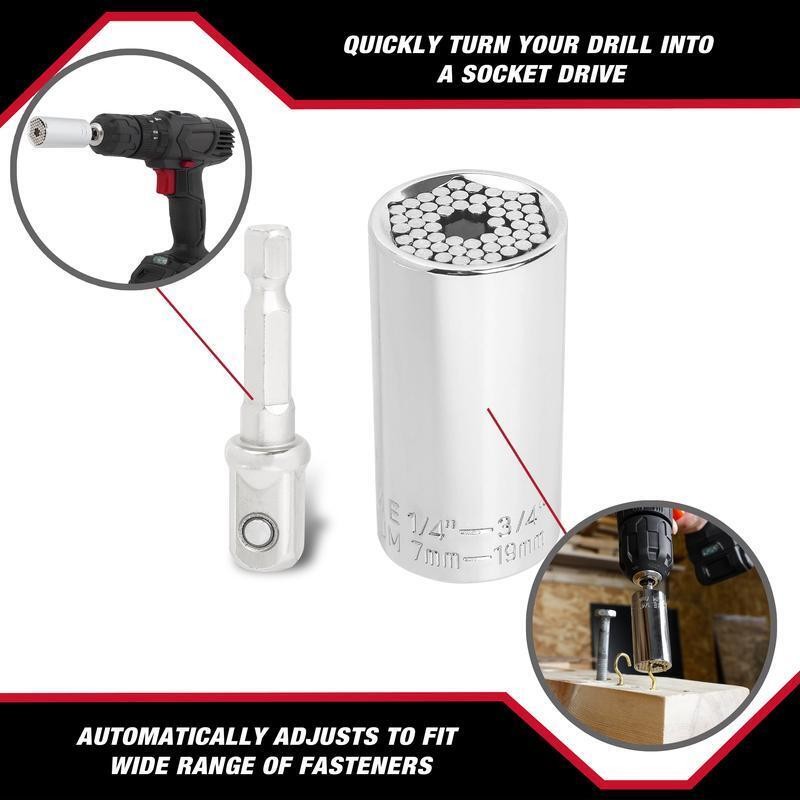 Universal Socket W/ Power Drill Adaptor 1/4-3/4 Inch 54 Edges Adjustable Tool US