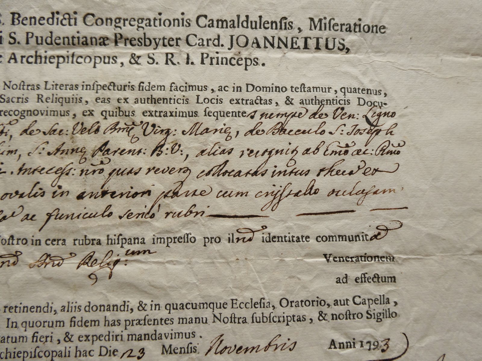 CERTIFICATE FOR RELIQUARY OF 5 RELIC TRUE CROSS JESUS + VEIL B.MARY **SEE LIST