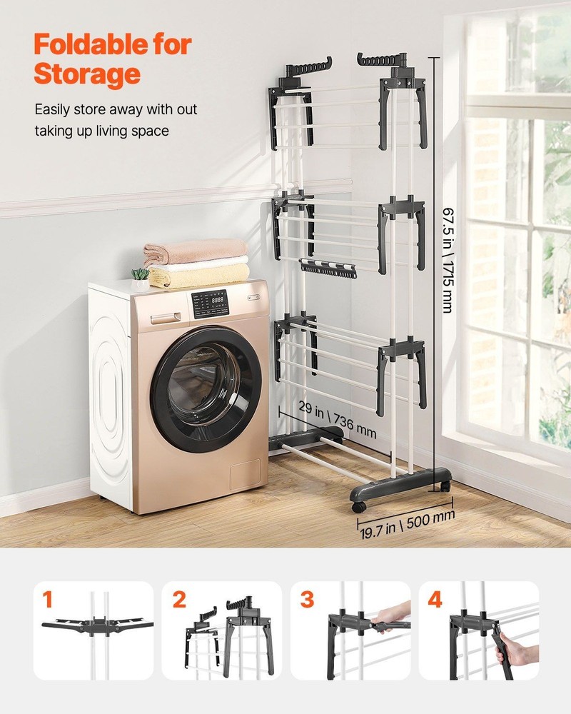 Foldable 4-Tier Drying Rack: 24 Rods, 14 Hooks, 77lb Capacity, Locking Casters