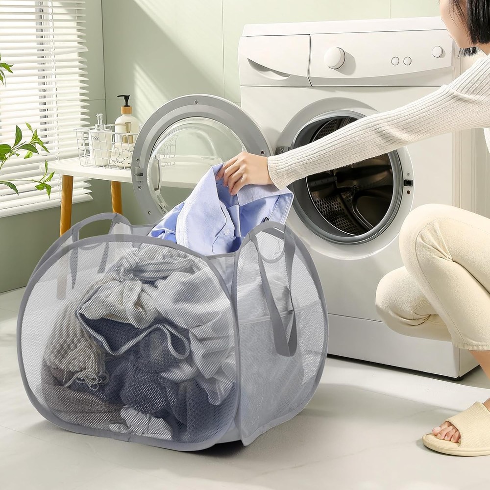 TECHMILLY Collapsible Mesh Pop Up Laundry Hamper with Strong Handles, Large Open