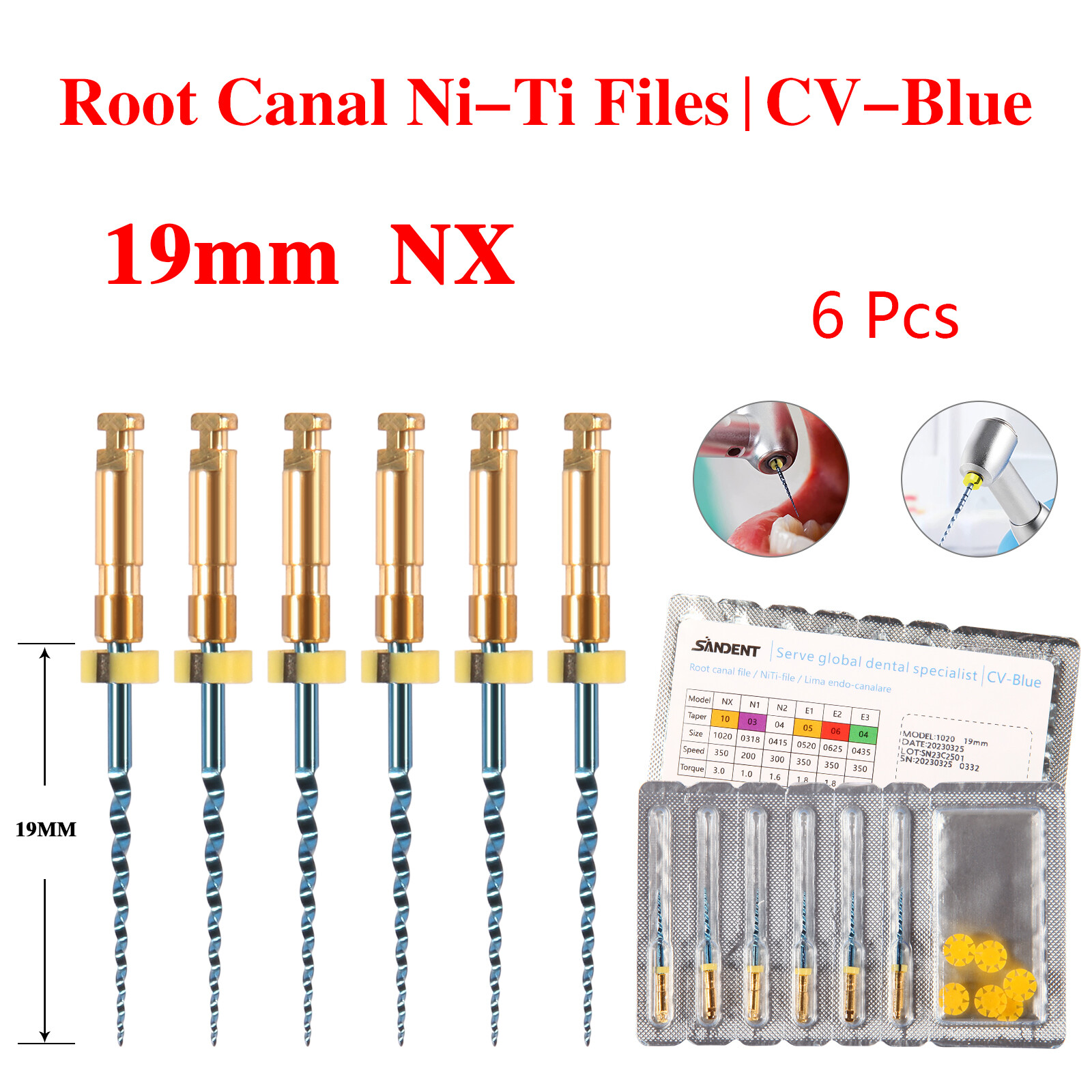 6Pcs/pack Dental Endo CV-Blue Taper File Niti Rotary Files 25MM Root Canal USA
