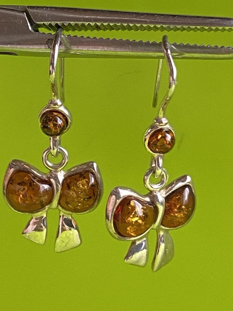 Серьги винтаж серебро, 925 проба, Камень Янтарь, Бантики