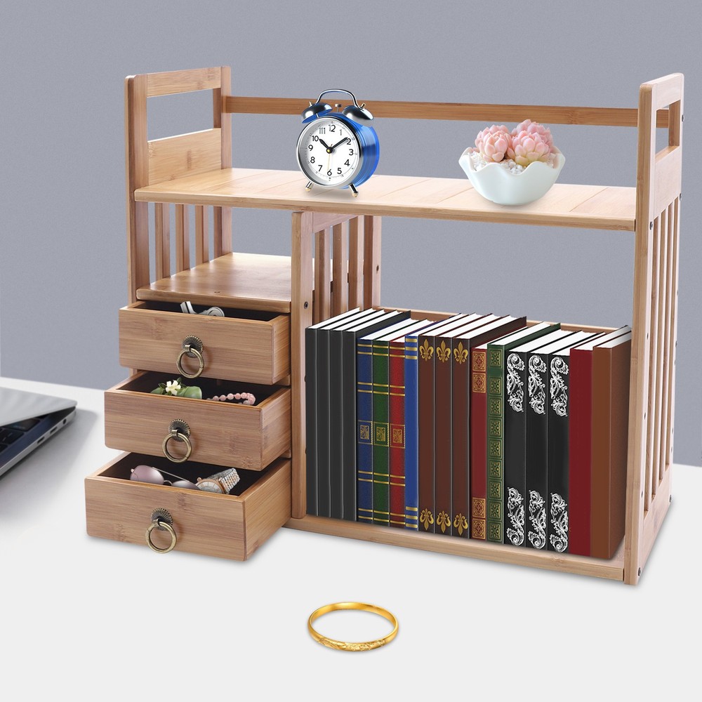 Bamboo Desktop Bookshelf Organizer, Adjustable Office Desk Storage Shelf Rack
