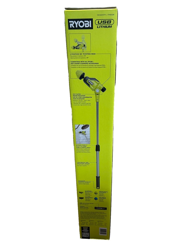 RYOBI USB Lithium Telescoping Power Scrubber Kit – 2Ah Battery, Charger & Hex