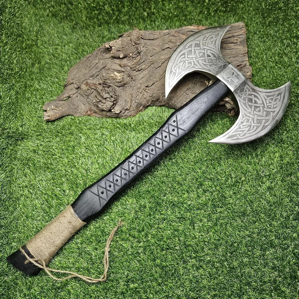 Custom Forged Viking Axe 22" Double Edge Carbon Steel Battle Axe Rosewood Handle