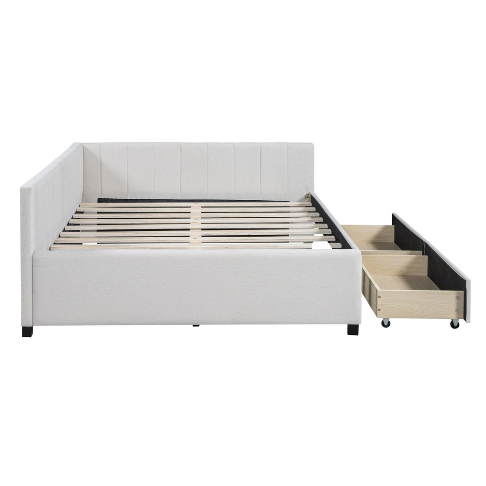 Full Size Daybed Upholstered Bed Frame Sofa Bed with 2 Storage Drawer Beige