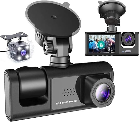 3 Channels Car Dash Camera 1296x1080P Front Inside & Rear Camera 130°Wide Angle