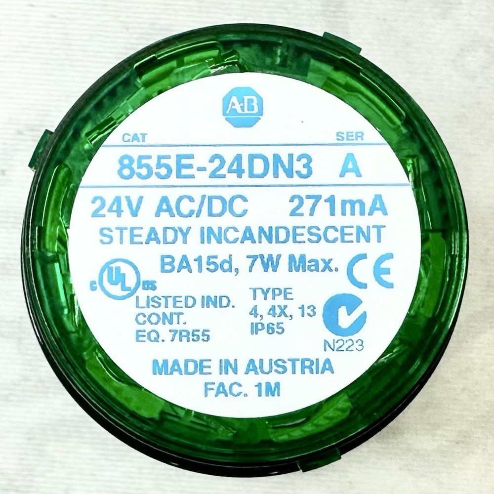 Allen Bradley 855E-24DN3 24V AC/DC Green Stack Light Module 271mA BA15d 7W 855E