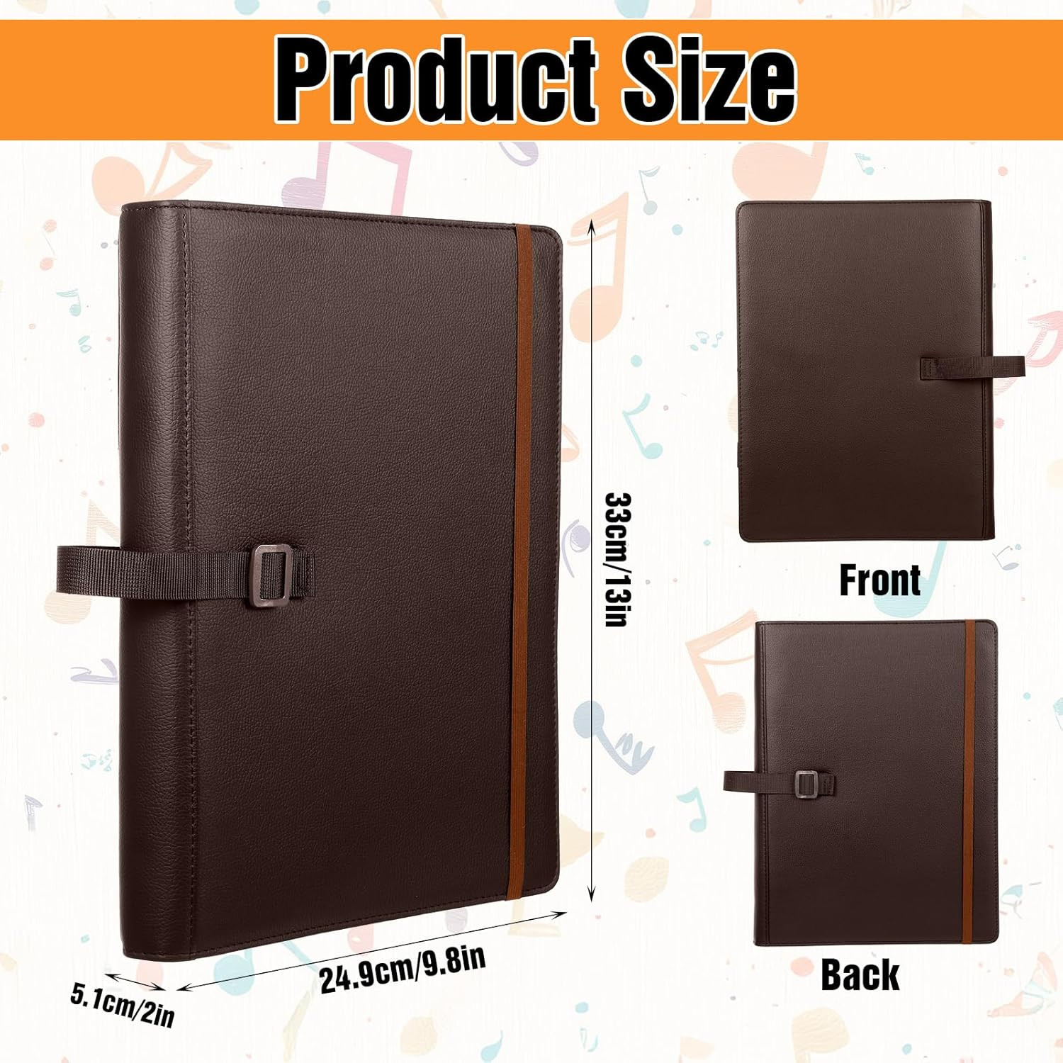 Sheet Music Folder 3 Ring Brown 13" X 9.8" Large PU Leather Choir Folder Hand