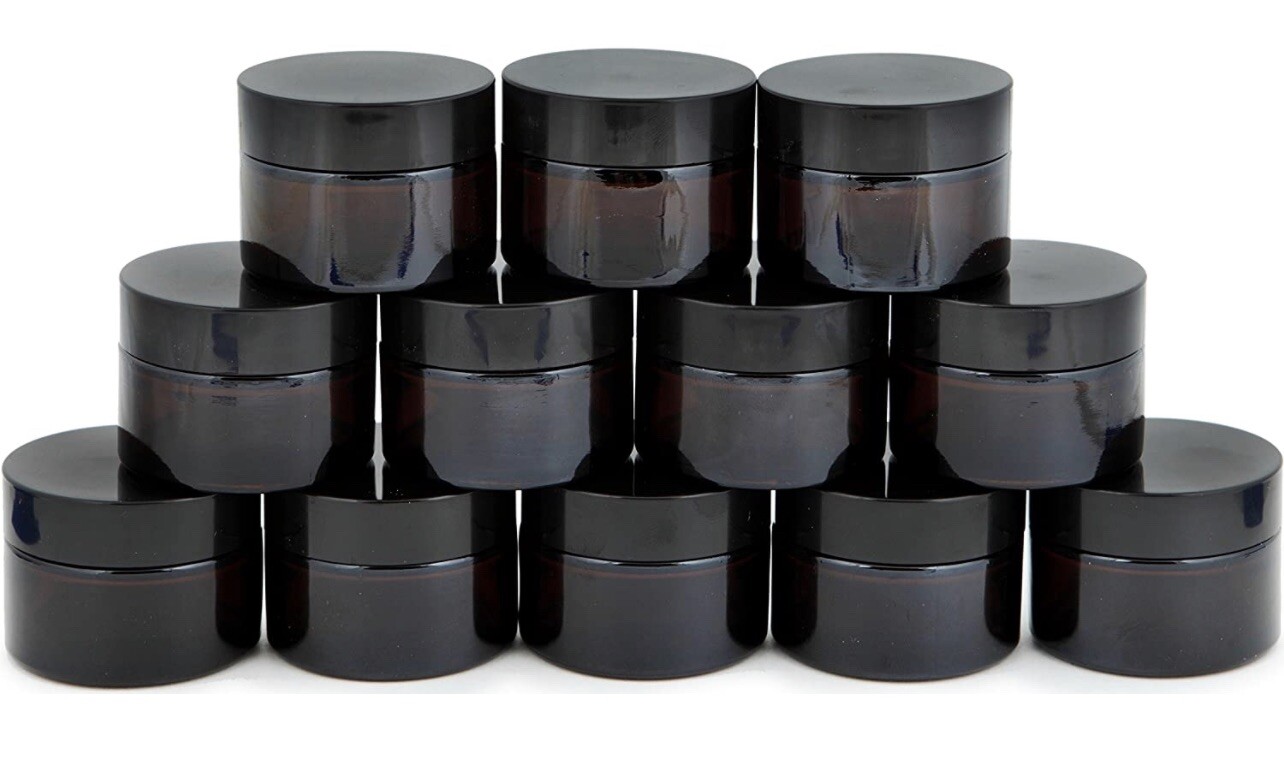 Amber 1 oz Round Glass Jars with Inner Liners and Black Lids, pack of 12