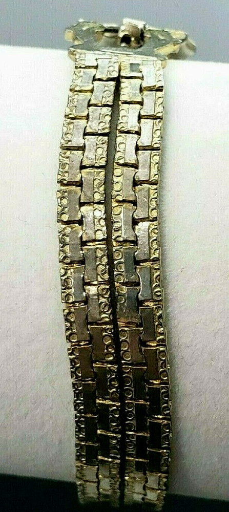 Box Chain Bracelet Gold Tone Etched Design Rectangular 2 Strands 7" Vintage