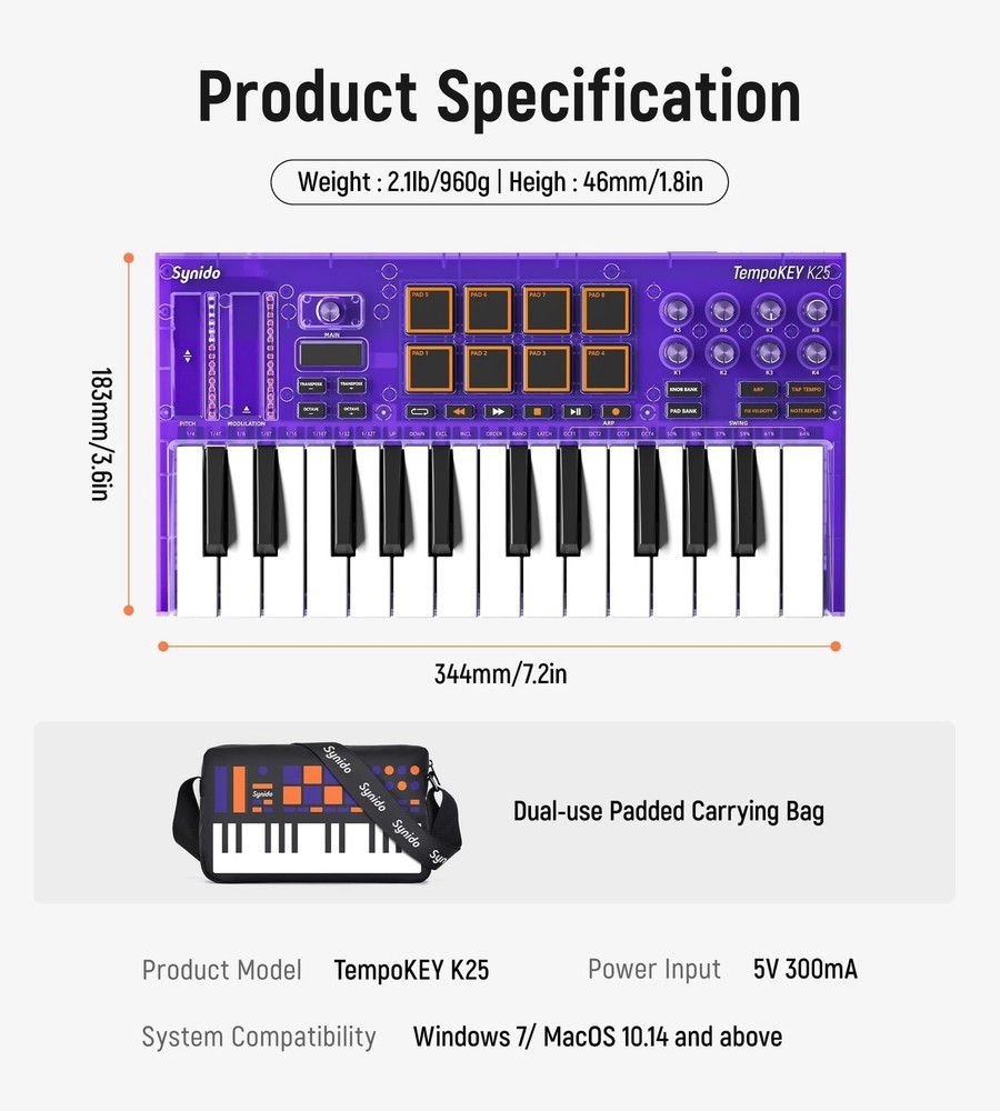 USB C MIDI Keyboard Controller 25 Keys with 8 Backlit Drum Pads, OLED Screen,...