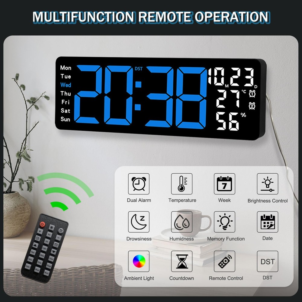 17.3" Large Digital Wall Clock, LED Digital Clock Large Display with Remote C...