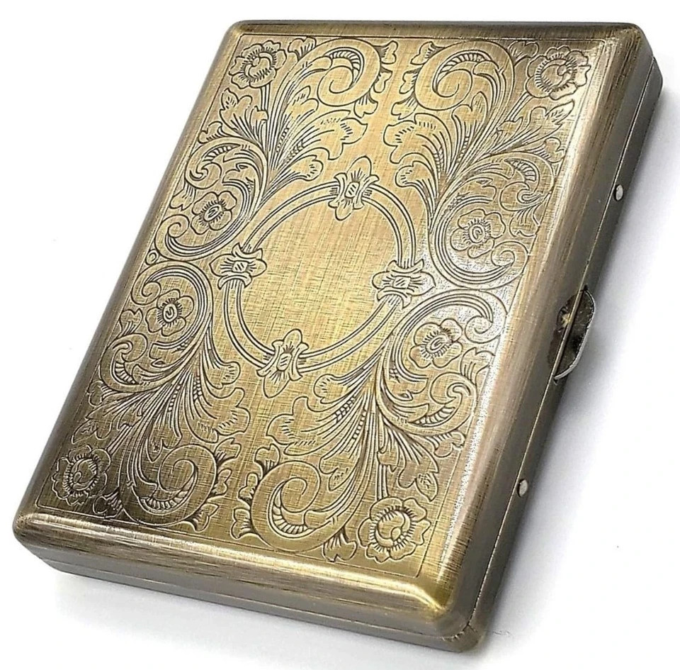 Stylish Antique Brass Cigarette Case - Holds All Sizes, Includes RFID Security