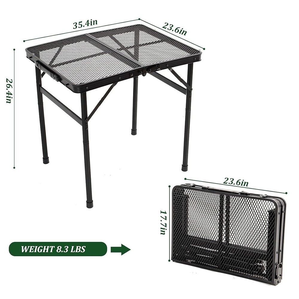 3FT 2-Fold Camping Table with Mesh Desktop Adjustable Height BBQ Grill Table
