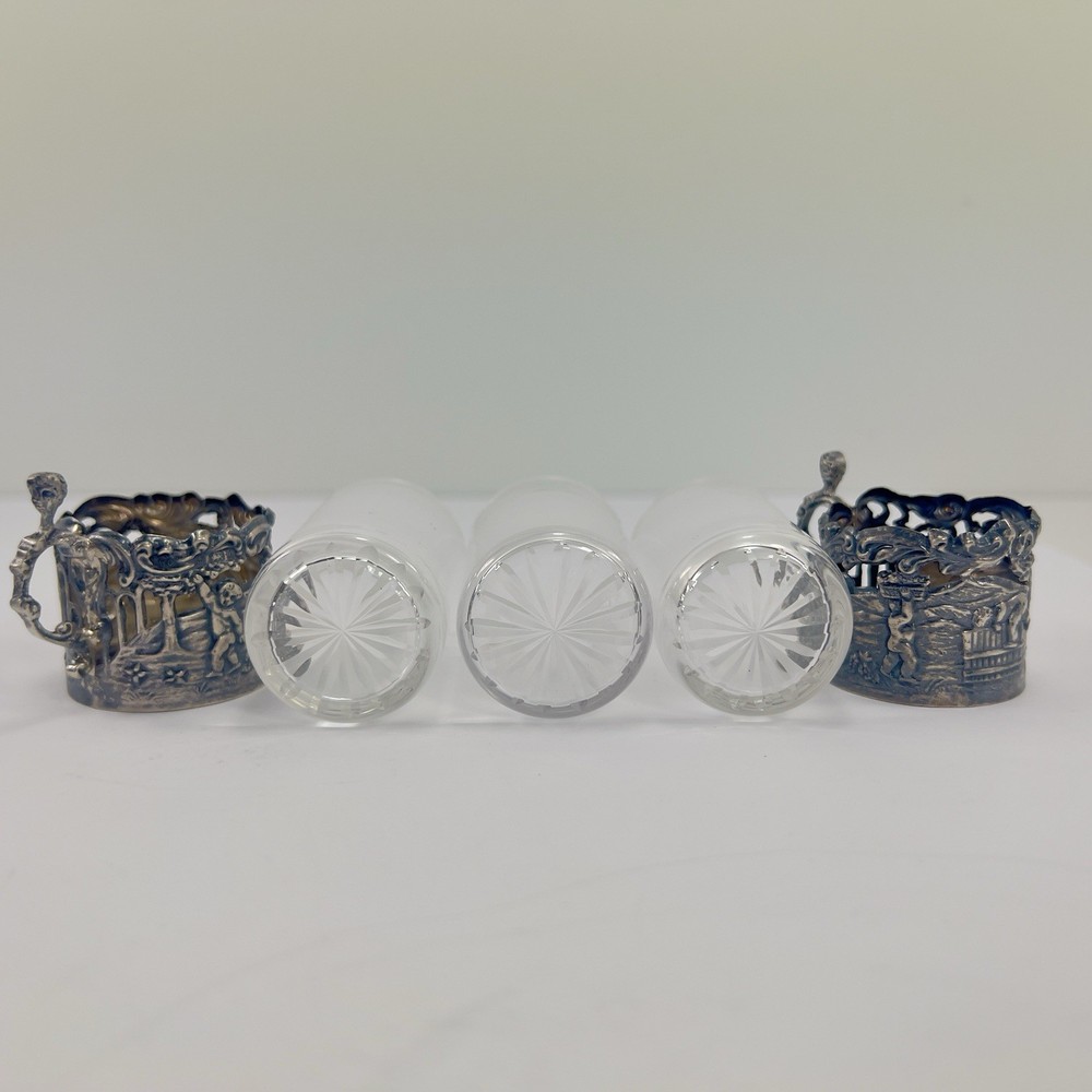 Antique 1903 WC Sterling William Comyns Repousse Tea Holders & Glass Inserts
