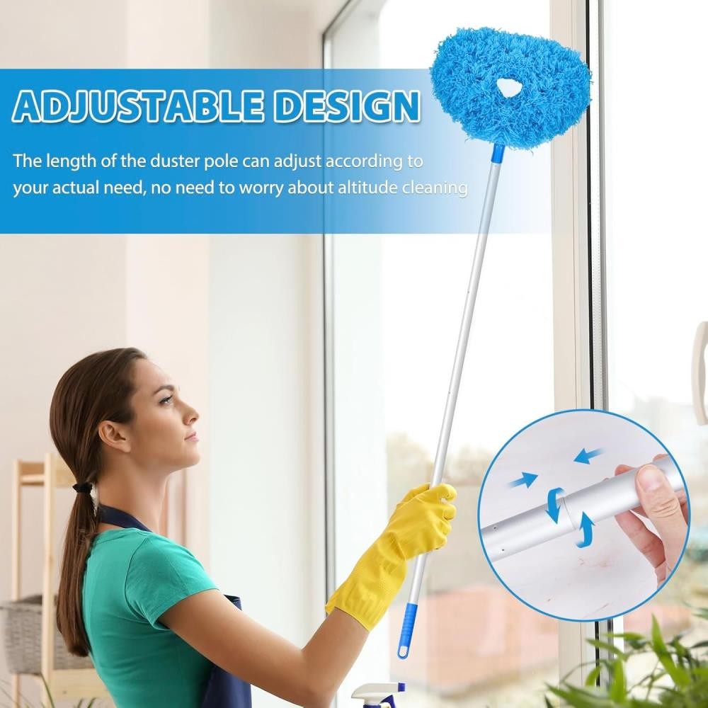 Round Head Microfiber Duster for High Reach Ceiling Fan Cleaning Blue Polyester
