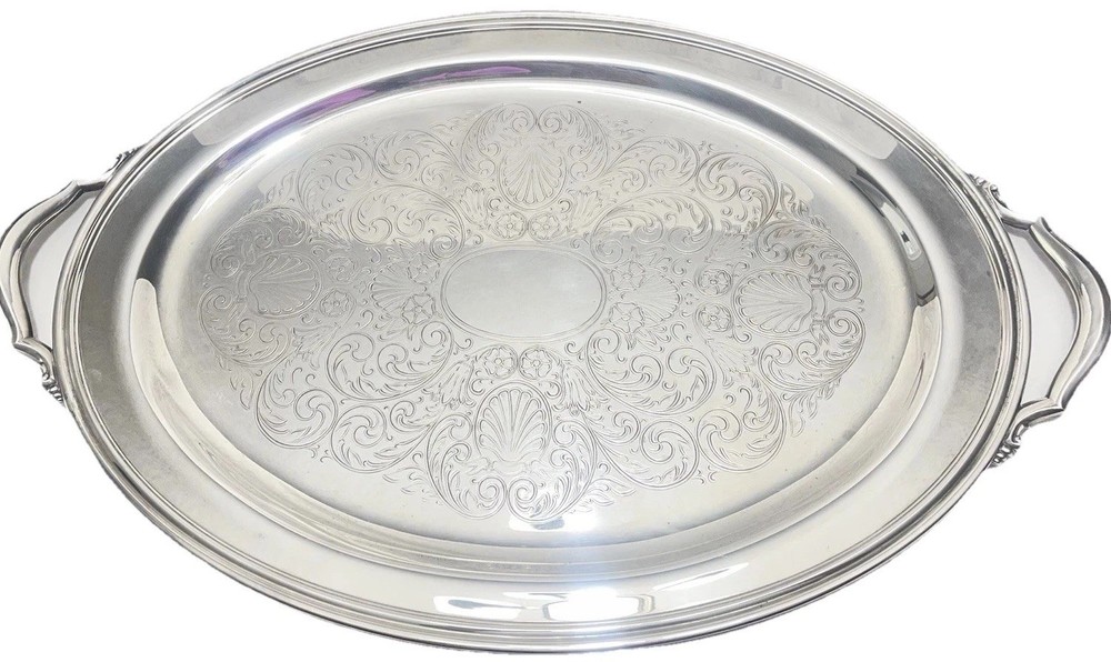 Silverplate Serving Tray Oval Handles Etched Shell Design Large 23”