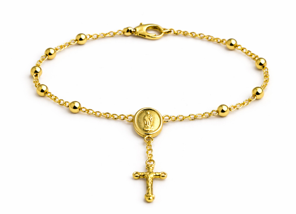 Real Italian 1/200 14K Yellow Gold Oro Overlay Catholic Cross Crucifix  Bracelet