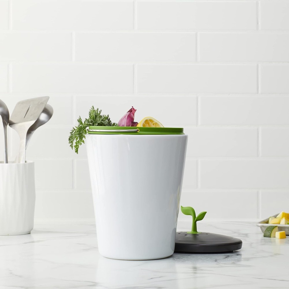 Counter Compost Bin Ceramic 3L Vented Lid Odor Absorbing Kitchen Eco