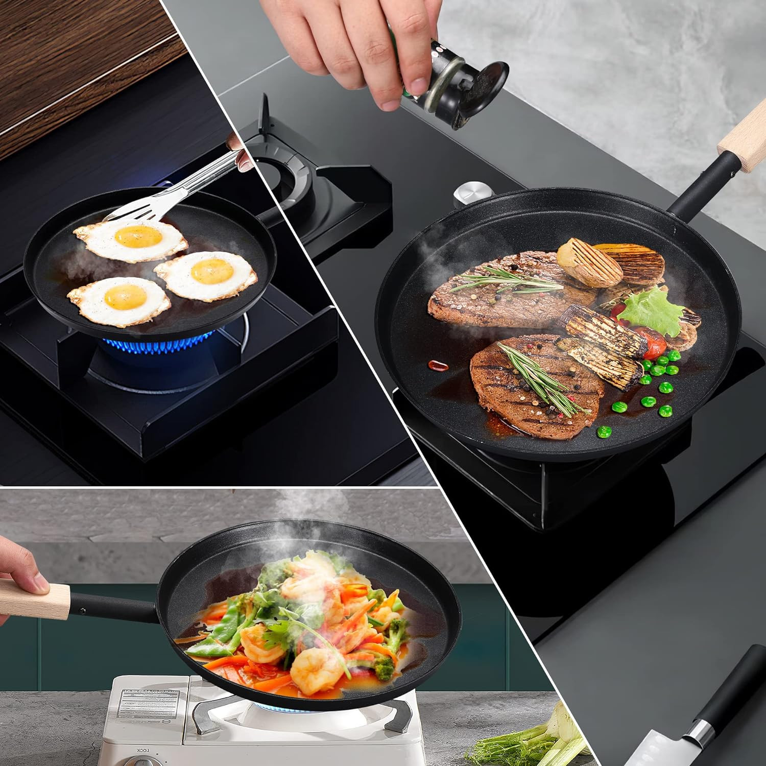 Frying Pan Skillet 8-inch Flat Griddle Pan, Lightweight Small Grill Pan with Woo