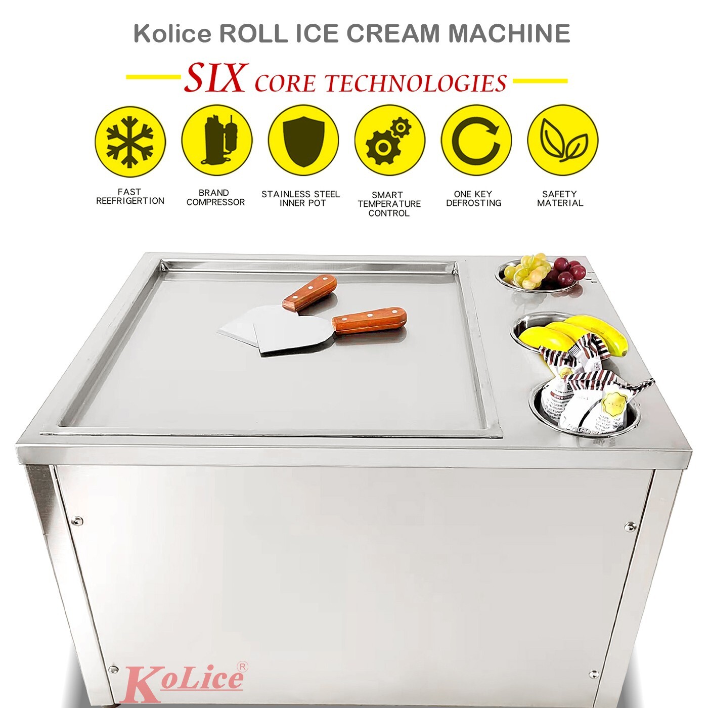 Kolice commercial 45x45cm fry ice cream machine, single square ice pan - 3 tank
