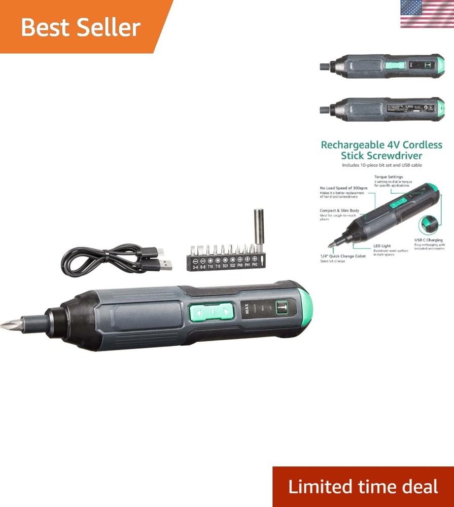 Portable 4V Cordless Stick Screwdriver - Includes 10 Bits, Ideal for DIY Tasks