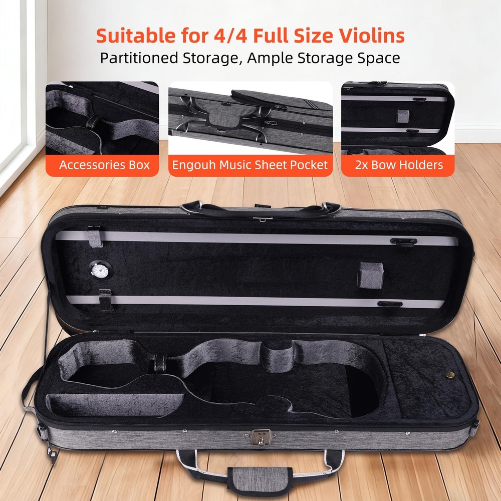 adm Violin Case 4/4 Full Size Sturdy Oblong Hard Size, Grey