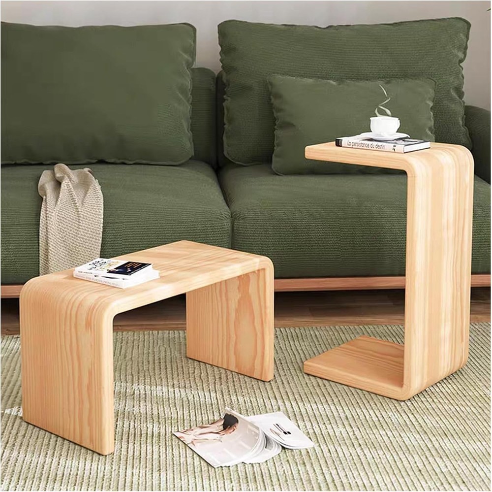 C Shaped End Table Solid Wood Sofa Side Table Couch Bed & Living Room