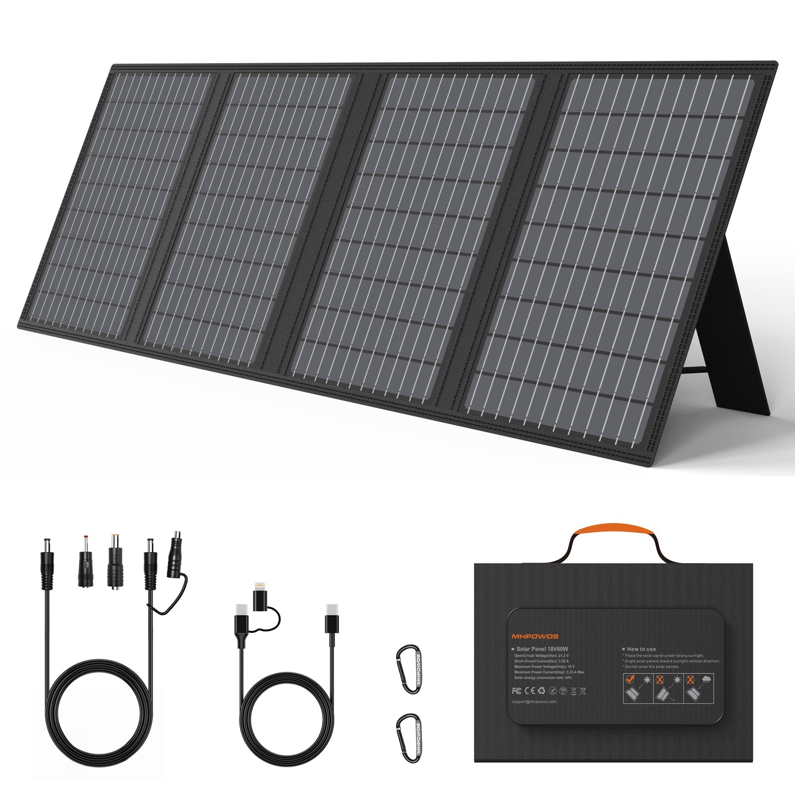 MHPOWOS 60W Foldable Camping Solar Charger with Kickstand for Power Stations