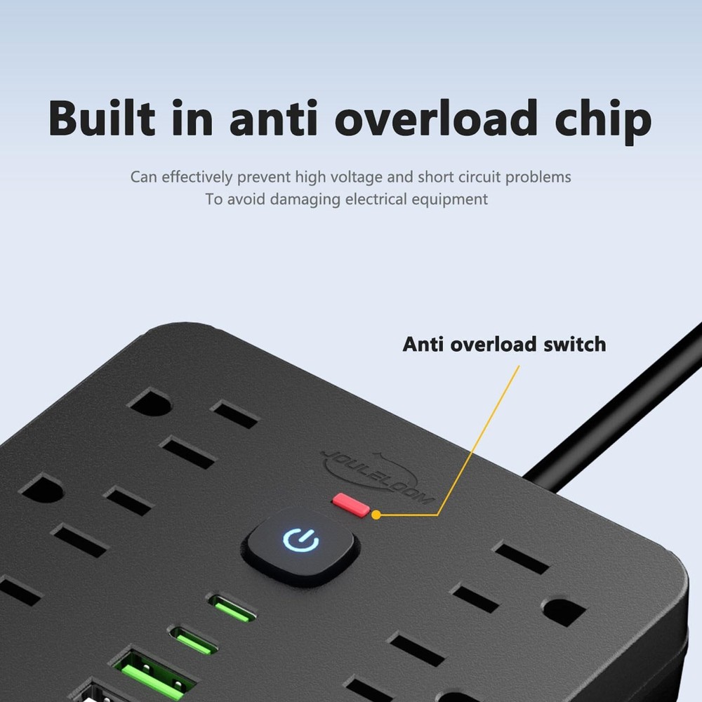 6 FT Flat Plug Surge Protector Power Strip,11 Multiple AC Outlets with 6 USB ...