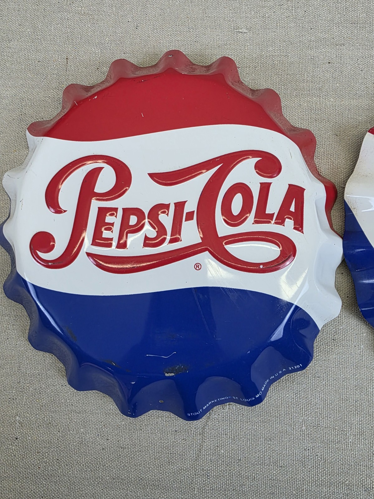 2 Vintage Pepsi-Cola Metal Bottle Cap Embossed Stout Marketing Sign - 11"