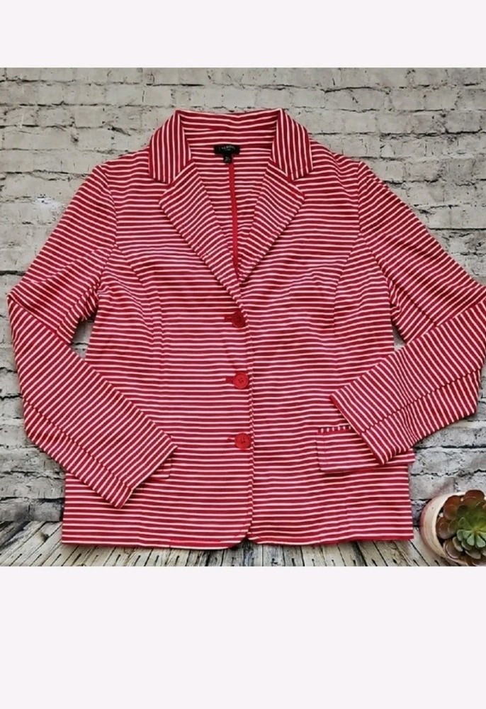 Talbots Blazer Jacket Womens PL Red White Nautical Striped 3 Button Beachy Euc