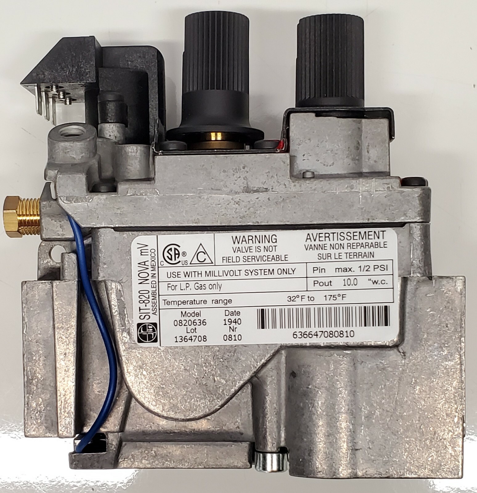 SIT Nova 820 Propane Valve 0820636 LP Gas Only Millivolt Fireplace Vent Free