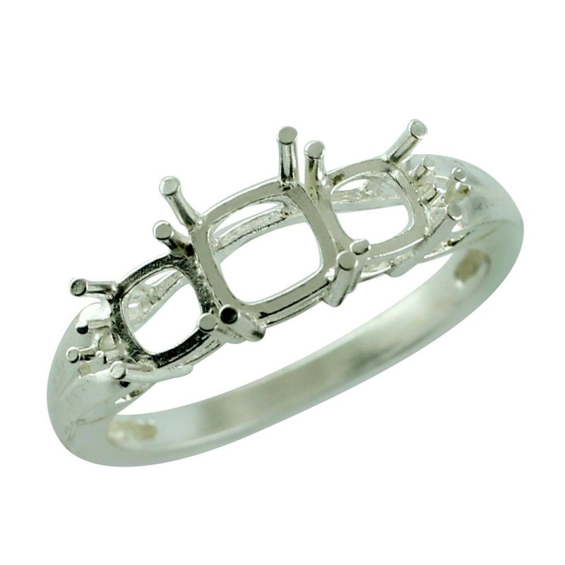 925 Sterling Silver 4mm Cushion Semi Mount Three-Stone Ring For Wedding Ring