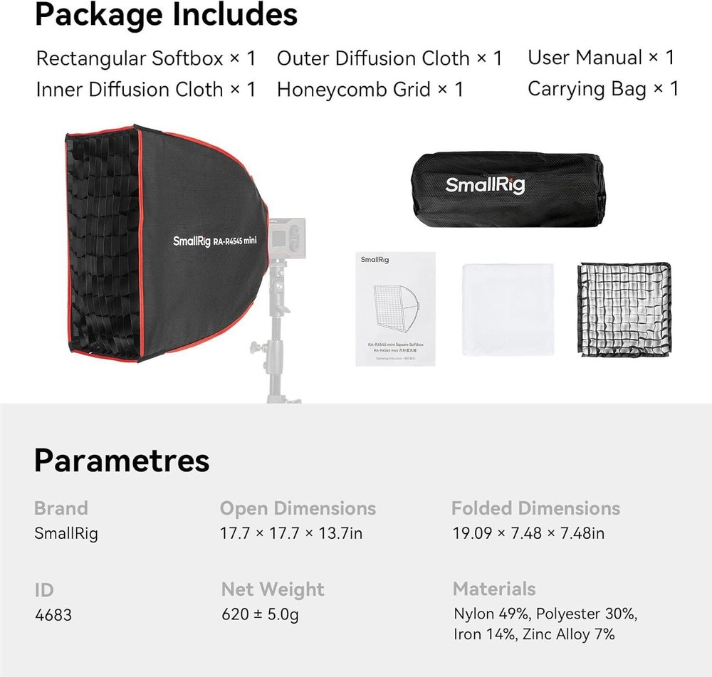 SmallRig 17.7" Rectangular mini Square Softbox with Carrying Bag for RC60B