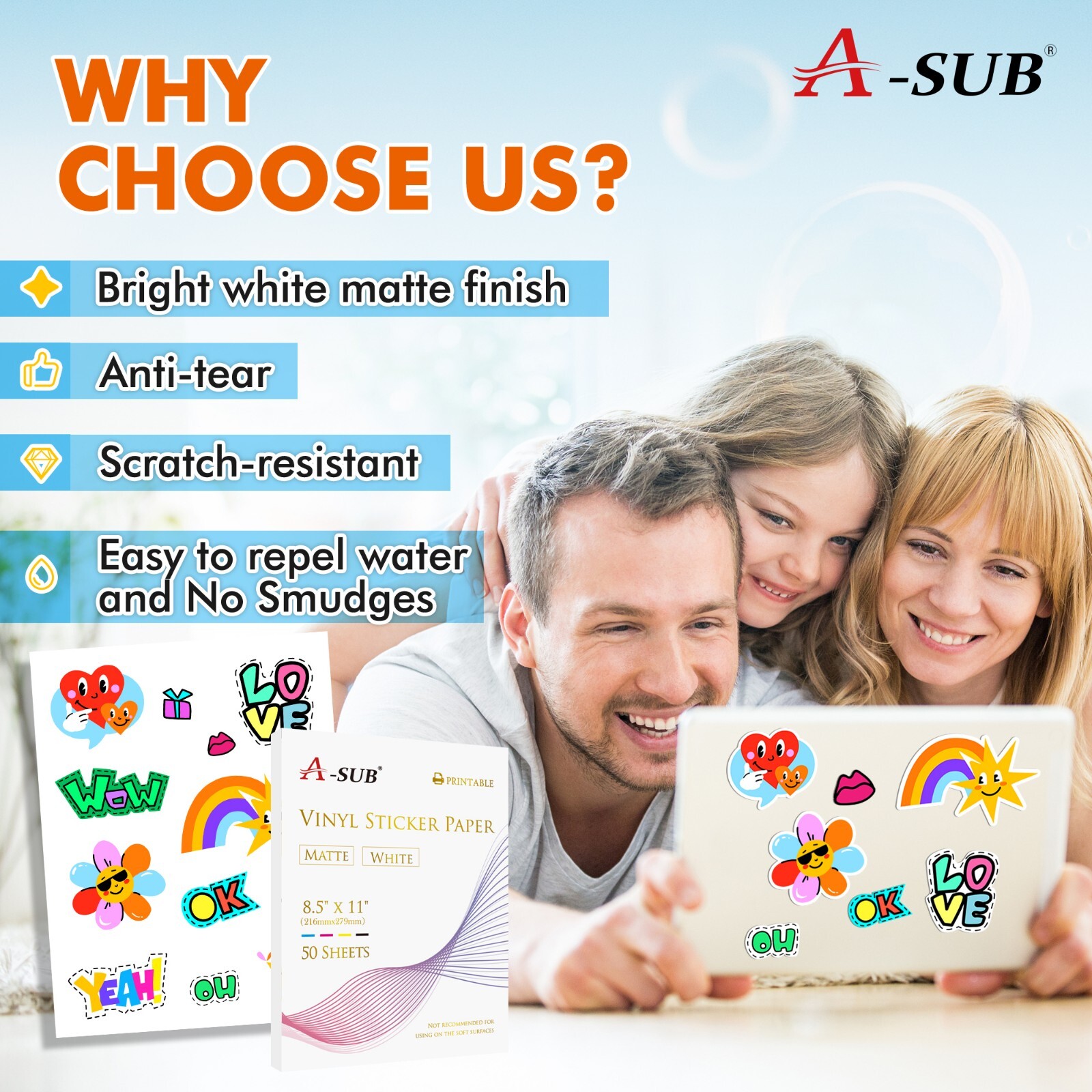 A-SUB Printable Vinyl Sticker Paper for Inkjet Waterproof Matte White 50-200 PK