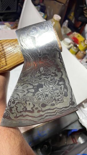 Custom Connie Bay pattern damascus throwing hatchet with sheath!