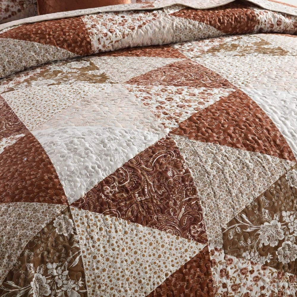 HoneiLife Queen Size 3 Piece Microfiber Quilt Set - Brown Triangle Pattern, 9...