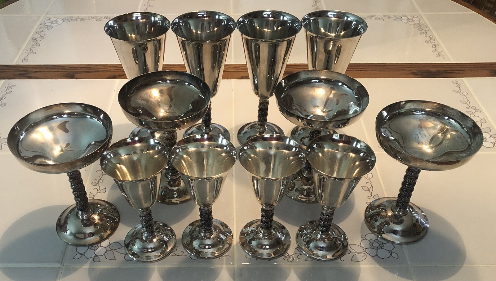 (12) Vintage Alfonso Lara  Silverplate Wine Cups Goblets Spain Vine Twisted Stem
