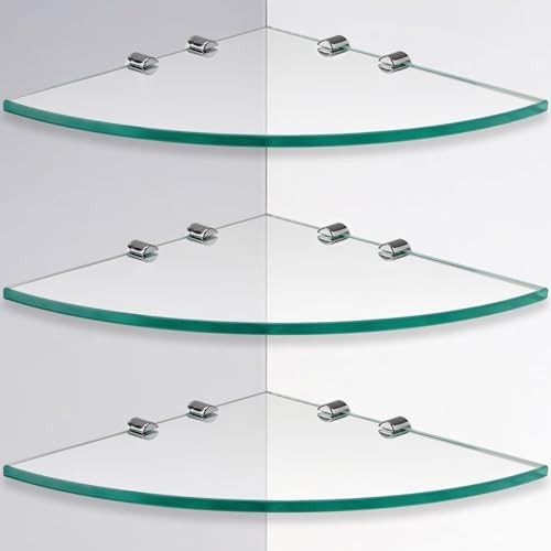 3-Pack Extra Thick Glass Floating Corner Shelves - Wall Mounted for Bathroom, Ki