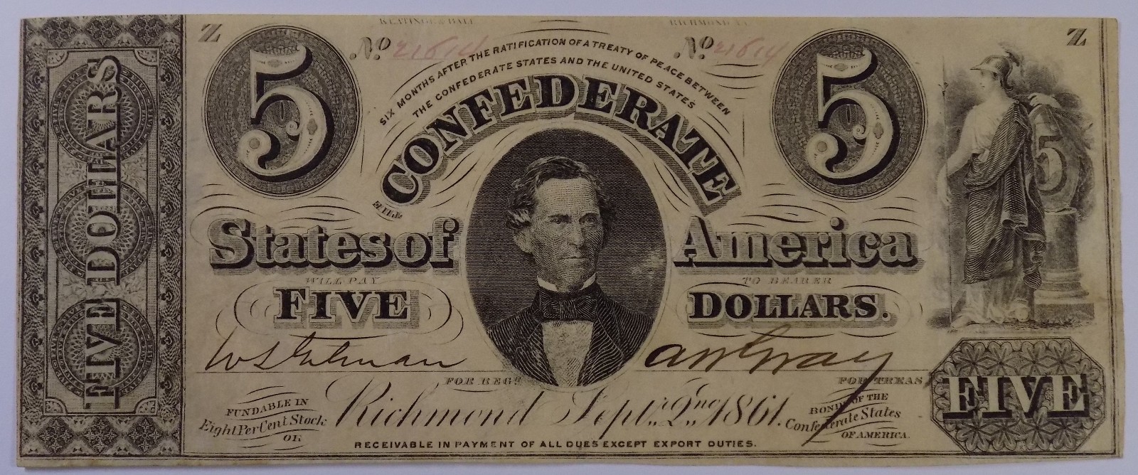 1861 $5 Confederate States of America T-34 VF