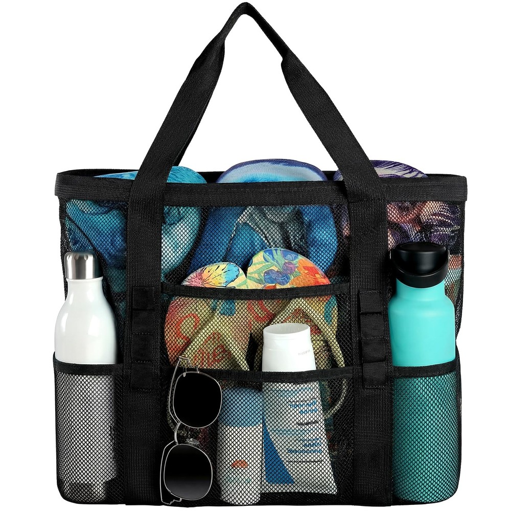 Ymomode Beach Bag - Mesh Large 8 Pockets, Tote Large, Black