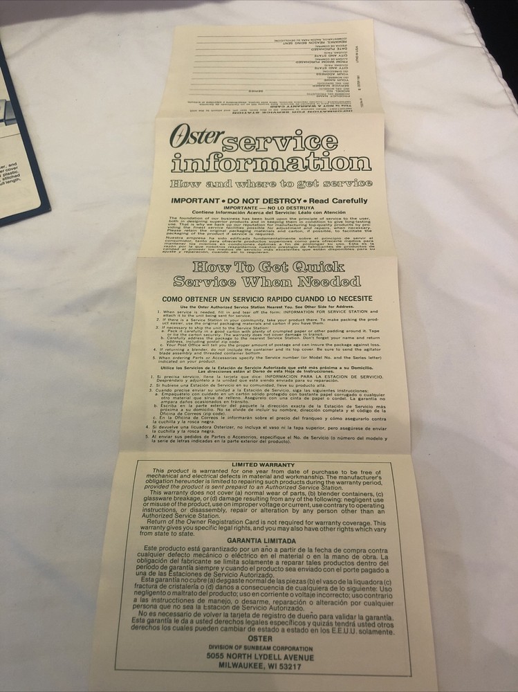 1981 Osterizer Accessory Information and Coupons, Service Info, Replacement Part